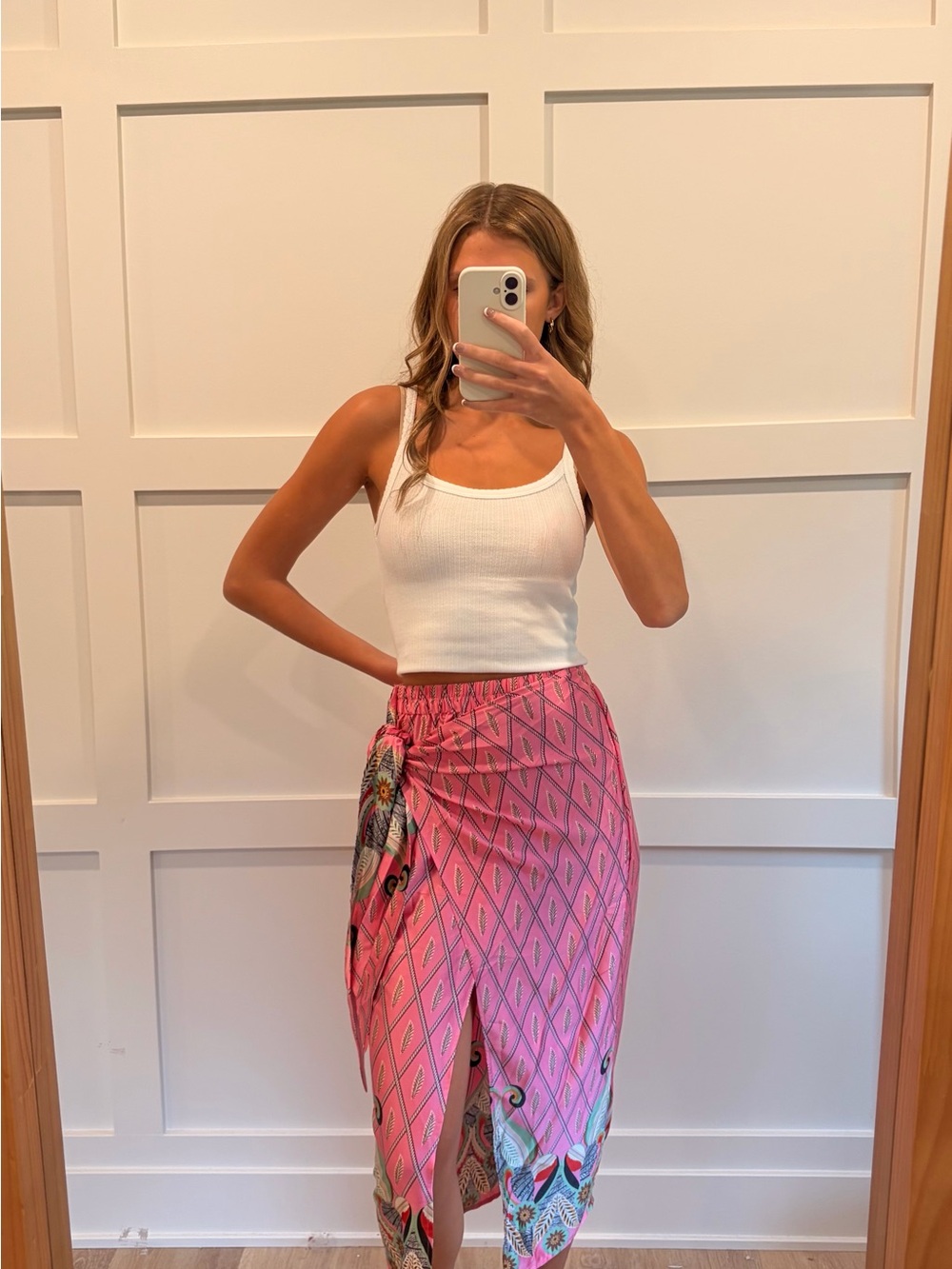 Pink Printed Wrap Skirt with Front Slit